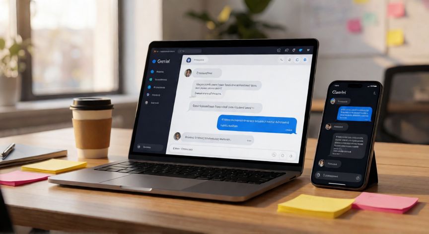 porque google ya no tiene ia, Escritorio de oficina con portátil y móvil mostrando interfaces de IA de Google Gemini