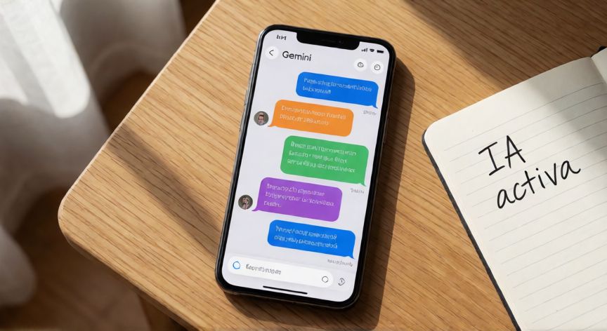 porque google ya no tiene ia, Teléfono Android con la app Gemini abierta sobre una mesa de madera con notas manuscritas