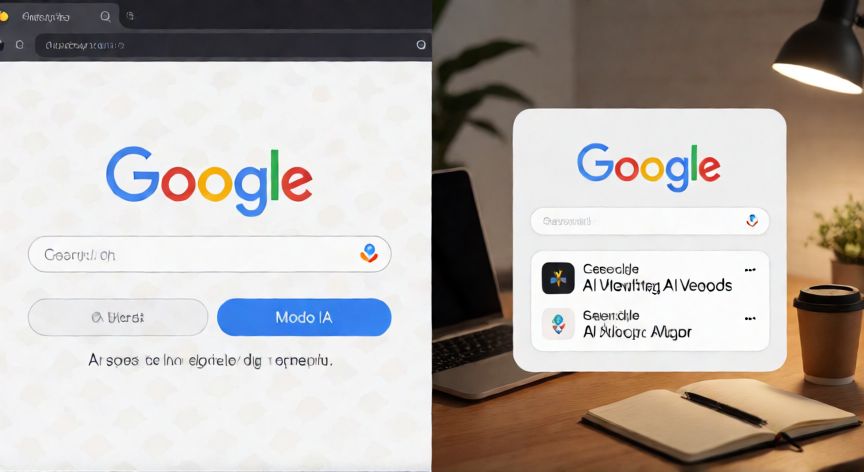 porque google ya no tiene modo ia, Comparación visual entre la interfaz antigua con botón Modo IA y la interfaz actual con IA integrada