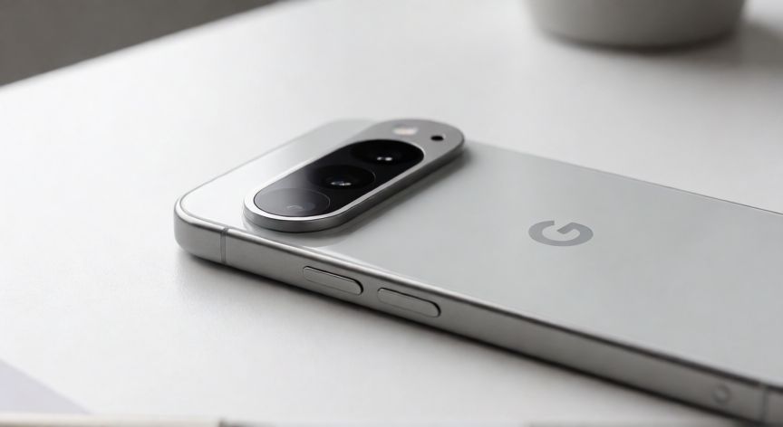 porque los google pixel son tan caros, Google Pixel 9 Pro con su triple cámara y acabado de vidrio cerámico sobre escritorio blanco