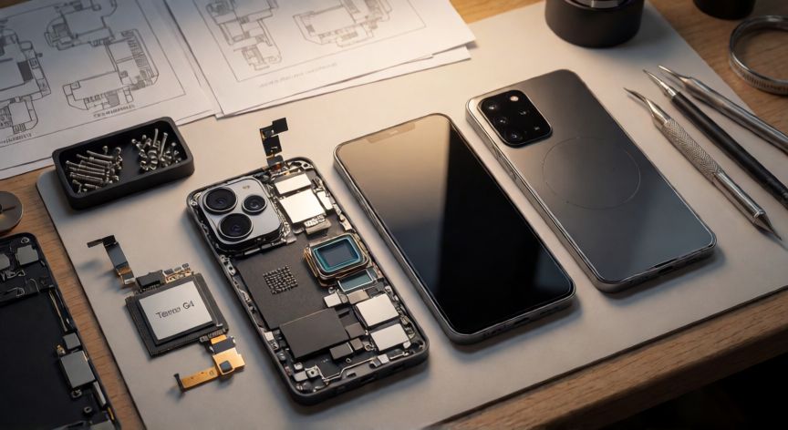 porque los google pixel son tan caros, Componentes internos de un smartphone desmontado sobre mesa de trabajo técnico