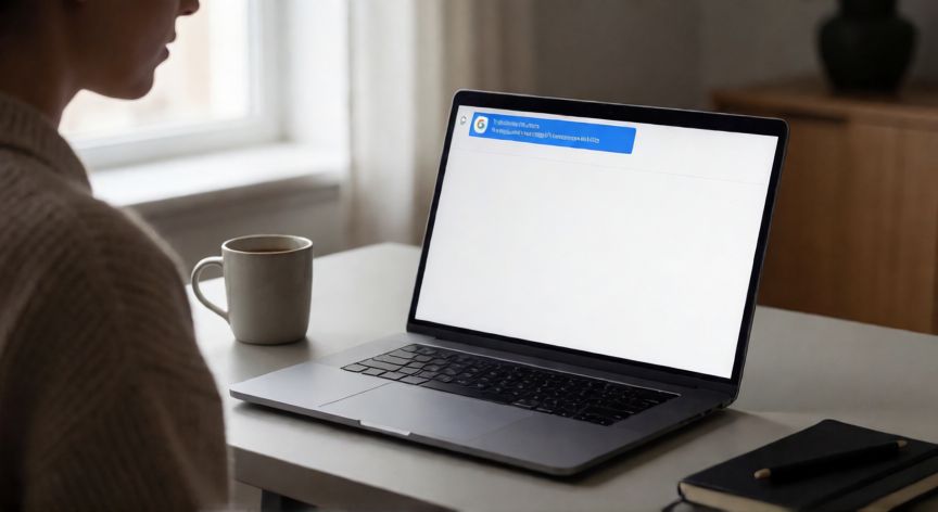 porque me sale google workspace, Persona mirando el aviso de Google Workspace en su laptop con expresión de confusión