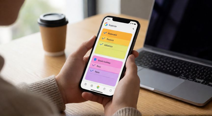 porque no funciona google keep, Persona utilizando Google Keep en su teléfono móvil sobre un escritorio con notas adhesivas digitales visibles