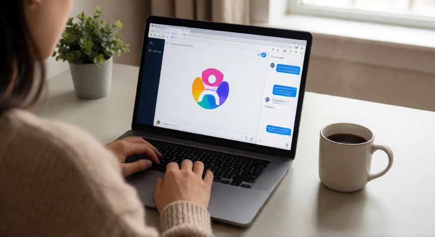 porque no puedo descargar google gemini, Persona usando Gemini desde el navegador en un portátil sobre una mesa de trabajo