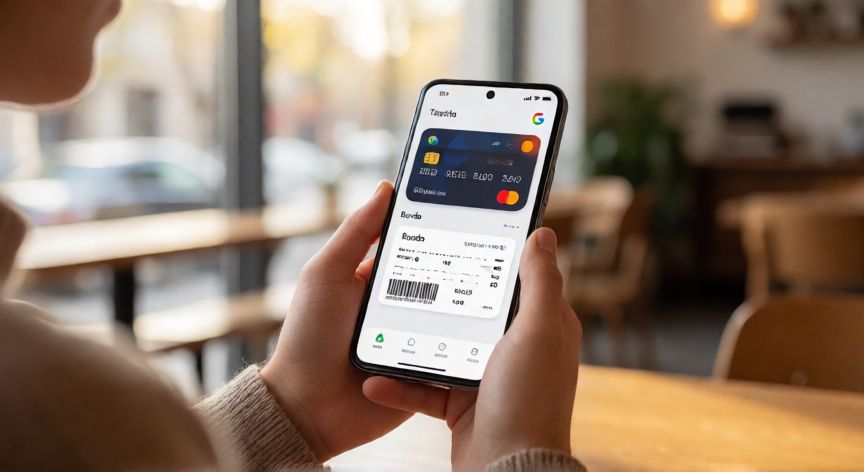 Persona mostrando la app Google Wallet en un móvil Android con una tarjeta de crédito visible en la pantalla