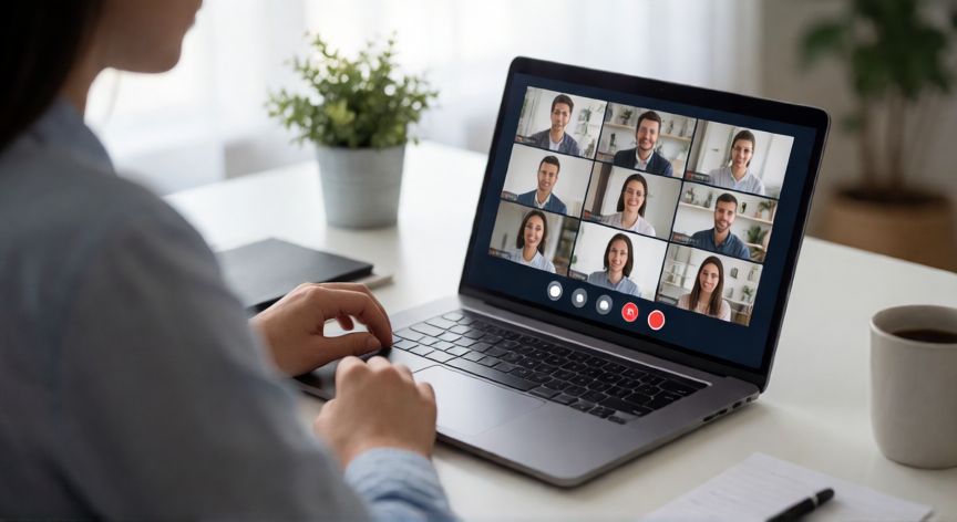 porque no puedo grabar google meet, Persona frente a un portátil con Google Meet abierto y el botón de grabación desactivado