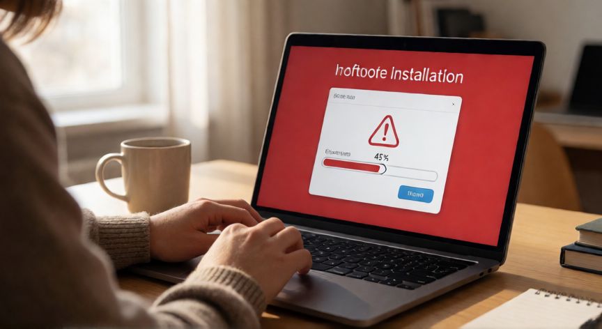 porque no puedo instalar google, Persona frustrada ante un error de instalación en su portátil con barra de progreso detenida