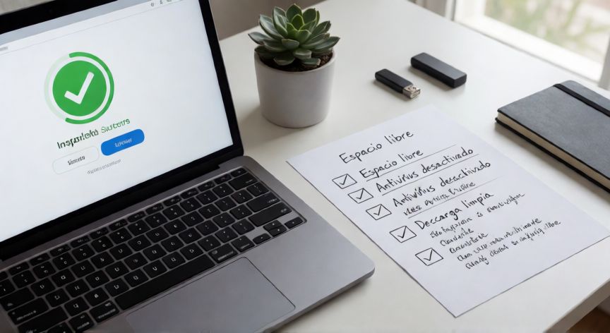 porque no puedo instalar google, Escritorio organizado con portátil mostrando instalación completada y checklist de pasos resueltos