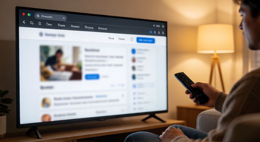 porque no puedo instalar google chrome en mi smart tv, Persona intentando navegar en la Smart TV con el mando a distancia