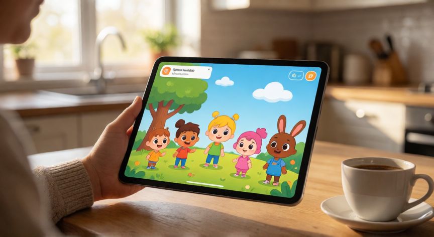 Padre revisando la tablet infantil con una notificación de actualización pendiente en la pantalla