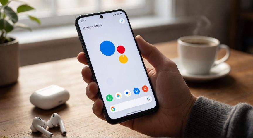 Móvil Android con el asistente de voz Ok Google en pantalla y auriculares inalámbricos al lado