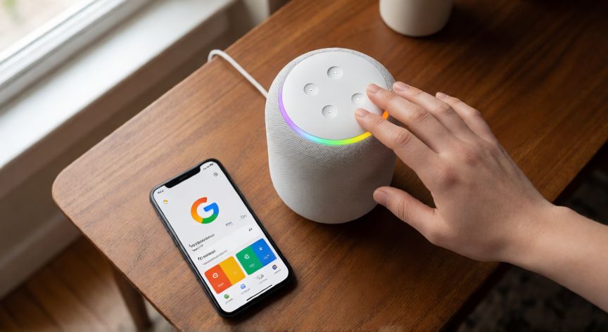 porque ok google no responde, Altavoz Google Nest con LED rojo indicando micrófono desactivado