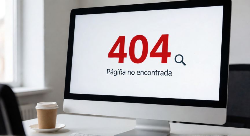 Pantalla de ordenador mostrando el error 404 página no encontrada en un escritorio de oficina