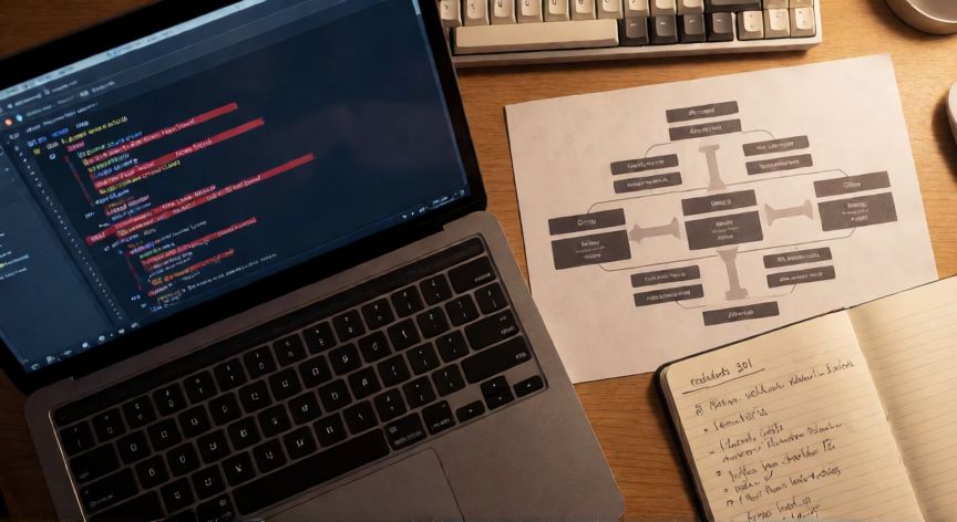 porque sale error 404 google, Vista cenital de un escritorio de desarrollador web con logs de servidor mostrando errores 404 y notas sobre redirecciones