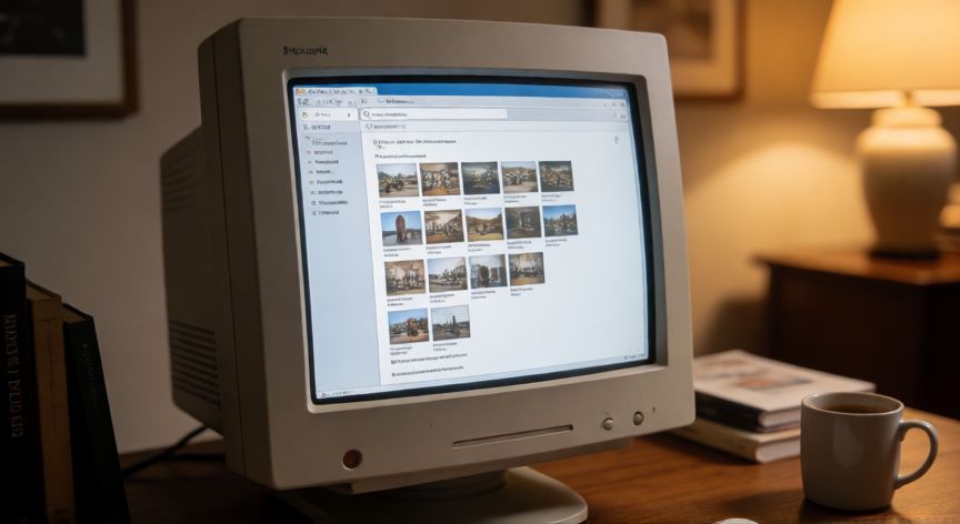 porque se creo google imagenes, Monitor antiguo mostrando resultados de búsqueda de imágenes en una página web de principios de los 2000