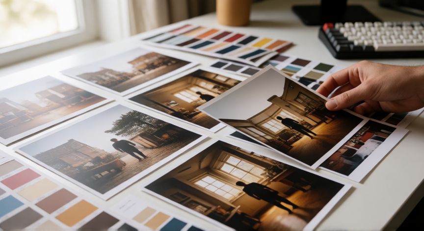 porque se creo google imagenes, Mesa de trabajo de un diseñador con fotografías impresas seleccionando una imagen entre varias