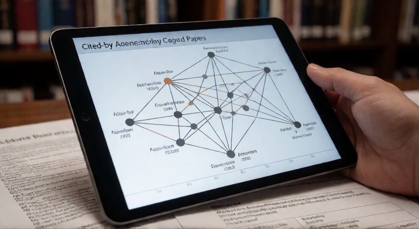 porque usar google academico, Visualización de citas y conexiones entre publicaciones académicas en una tablet