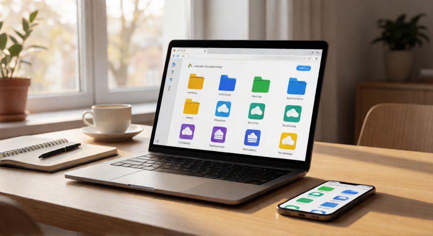 porque usar google drive, Personas accediendo a archivos de Google Drive desde un portátil y un teléfono en una oficina