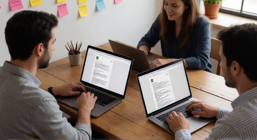 porque usar google drive, Equipo colaborando en tiempo real en un documento de Google Drive en una sala de trabajo compartida