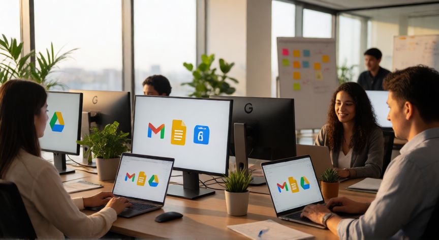 porque usar google workspace, Equipo de trabajo colaborando en una oficina moderna usando Google Workspace en sus pantallas