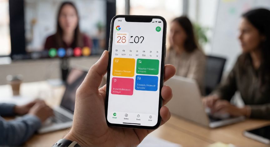 porque usar google workspace, Persona revisando Google Calendar y Meet en su móvil durante una jornada de oficina