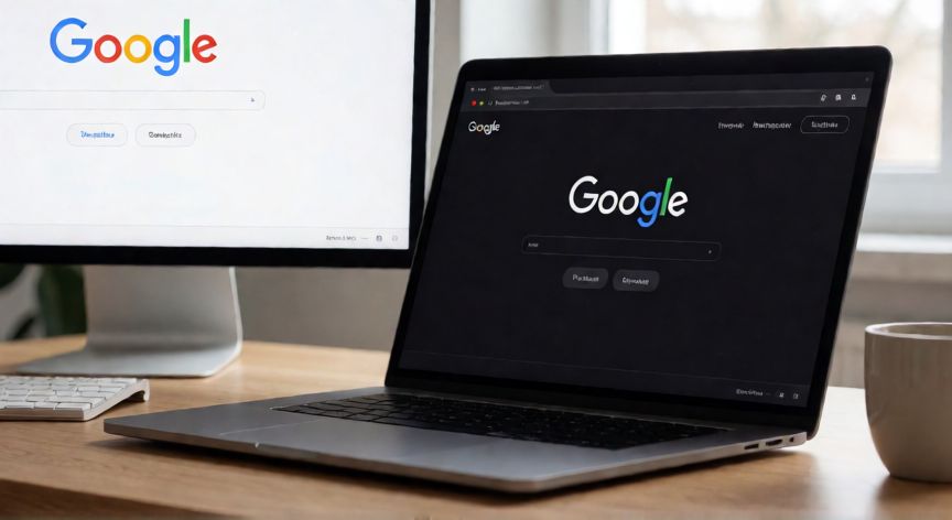 porque veo google en negro, Comparación de la página principal de Google en modo oscuro y modo claro en un portátil