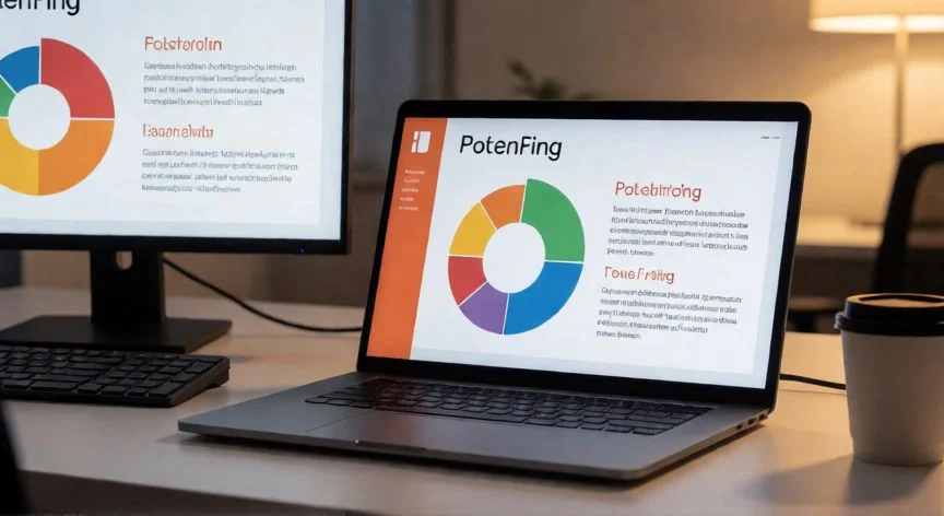 Portátil en oficina mostrando una presentación PowerPoint en formato 16:9 con gráficas de colores