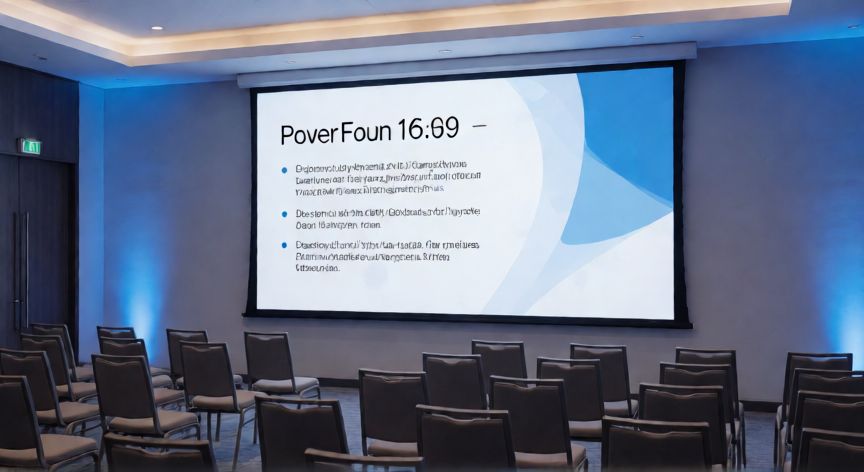 powerpoint en 16 9, Sala de conferencias con proyector mostrando diapositiva en proporción 16:9 sobre pantalla grande