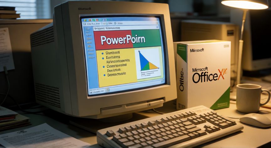 powerpoint en 2003, Equipo de escritorio de principios de los 2000 mostrando una presentación en PowerPoint 2003