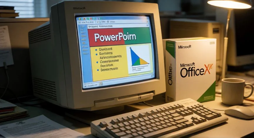 Equipo de escritorio de principios de los 2000 mostrando una presentación en PowerPoint 2003