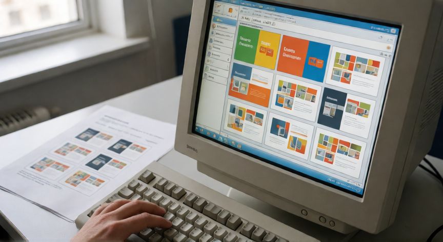 powerpoint en 2003, Manos trabajando con PowerPoint 2003 mostrando la galería de plantillas de diseño