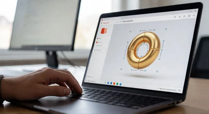 Persona manipulando un modelo 3D en PowerPoint desde un portátil en oficina