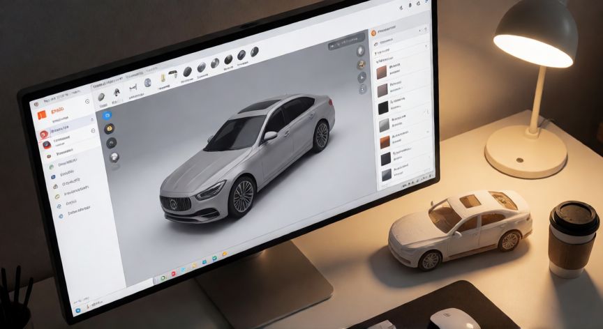 powerpoint en 3d, Escritorio de diseño con monitor mostrando un modelo 3D de coche en PowerPoint