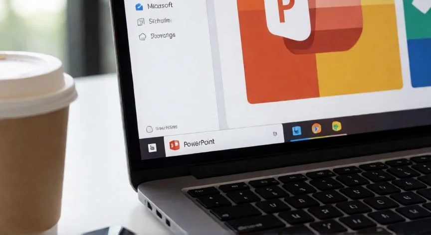 powerpoint en abreviatura, Pantalla de portátil mostrando la aplicación Microsoft PowerPoint abierta con una diapositiva de presentación