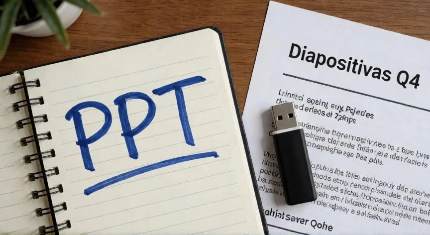 powerpoint en abreviatura, Cuaderno con la abreviatura PPT escrita a mano junto a un pendrive y unas diapositivas impresas sobre una mesa de madera