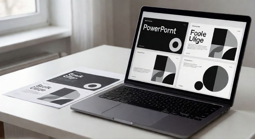 powerpoint en blanco y negro, Presentación PowerPoint en blanco y negro proyectada en pantalla con tipografía minimalista sobre escritorio limpio