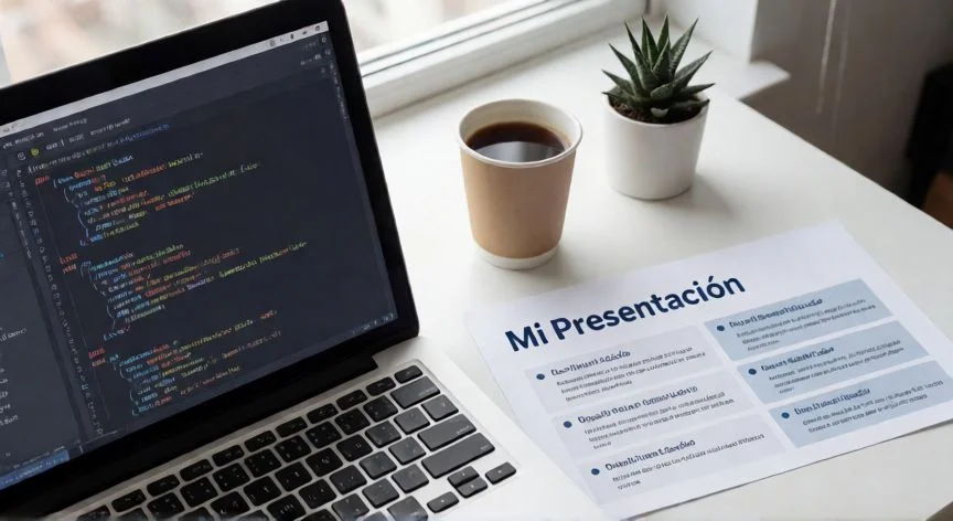 powerpoint en html, Portátil mostrando código HTML de una presentación junto a una diapositiva impresa