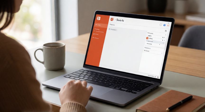 powerpoint en jpeg, Persona exportando una presentación de PowerPoint a formato JPEG desde el menú Guardar como