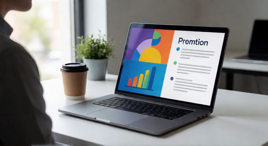 powerpoint en linea gratis, Persona creando una presentación en línea con Google Slides en un portátil sobre un escritorio moderno