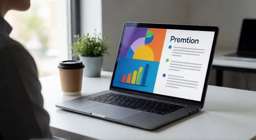 Persona creando una presentación en línea con Google Slides en un portátil sobre un escritorio moderno