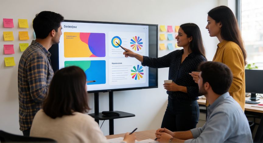 powerpoint en linea gratis, Equipo colaborando en tiempo real sobre una presentación compartida en una pantalla grande