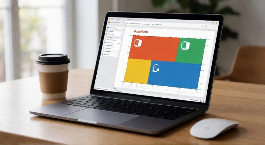 powerpoint en mac, MacBook Pro mostrando PowerPoint en modo edición sobre un escritorio de madera con luz natural