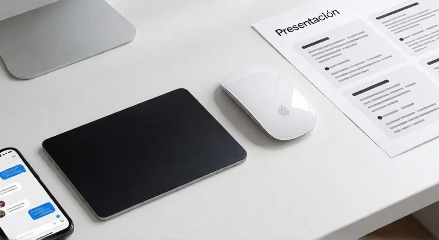 powerpoint en mac, Vista cenital de trackpad Mac y ratón junto a diapositivas impresas en un escritorio minimalista