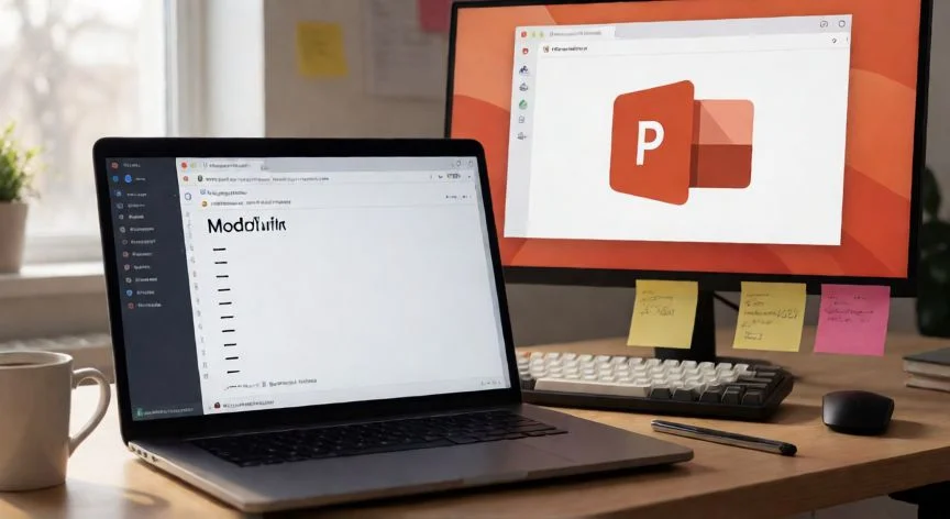 Escritorio de desarrollador con archivo Markdown en una pantalla y presentación PowerPoint en otra