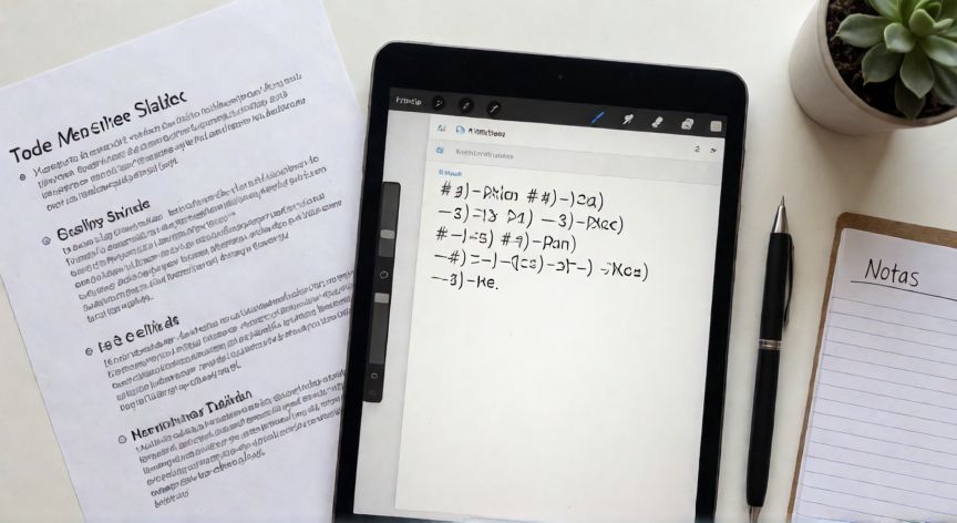 powerpoint en markdown, Vista cenital de escritorio con editor Markdown en tablet y diapositivas impresas