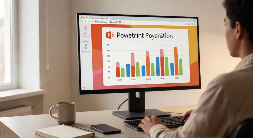 powerpoint en online, Persona usando PowerPoint Online en el navegador de un monitor de escritorio