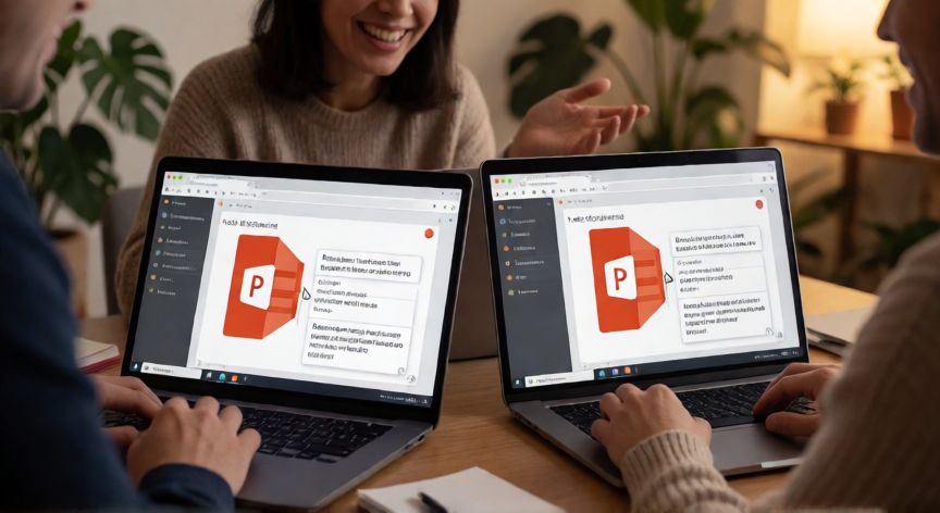 powerpoint en online, Dos personas colaborando en tiempo real en una presentación de PowerPoint Online