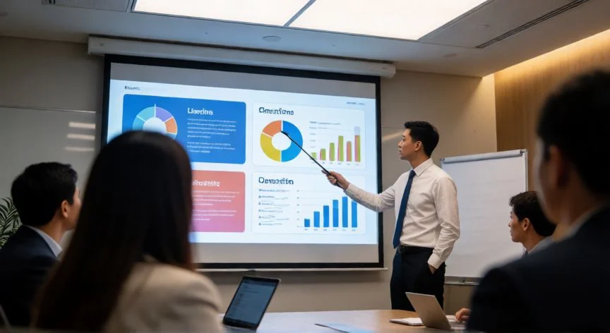 powerpoint en que año se creo, Presentador moderno usando PowerPoint en una reunión corporativa