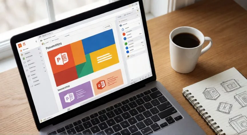powerpoint en que nos ayuda, Pantalla de un portátil mostrando la interfaz de PowerPoint mientras se edita una presentación en un escritorio de trabajo