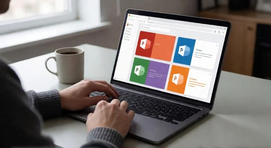 powerpoint en web, Persona usando PowerPoint en la web desde un portátil en un escritorio moderno